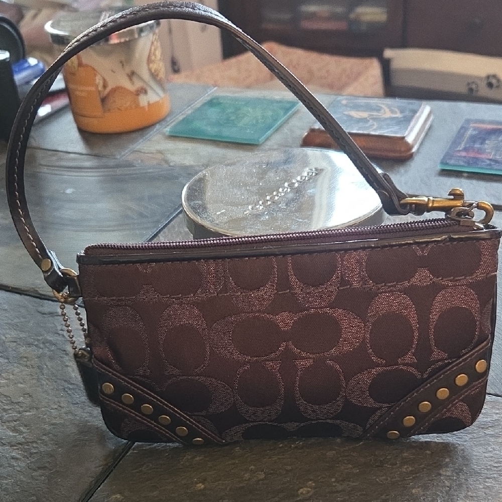 Coach Brown Signature Wristlet with Gold-Tone Studs